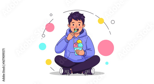 Young Figure Enjoying Ice Cream, Sitting Cross-Legged in a Cute Illustration