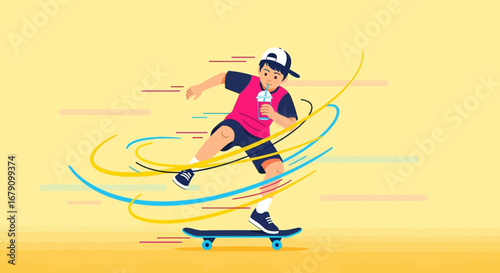 Young Person On A Skateboard Enjoying A Refreshing Drink Doing Tricks In A Cool Setting