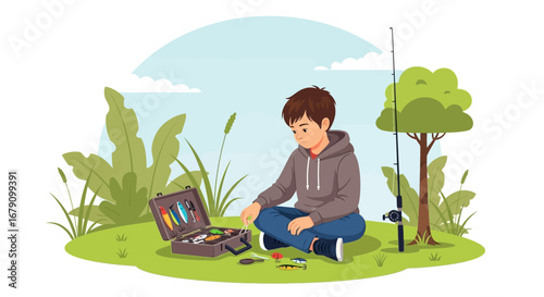 Young Fisherman Prepares Tackle for Outdoor Activity and Casting Fishing Rod Soon