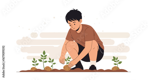 Young Person Planting Potatoes, Cultivating Growth and Nurturing Nature's Bounty