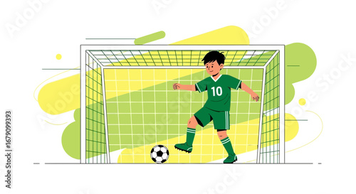 Young Football Player Kicking Ball Towards Goal Illustrated With Energetic Style