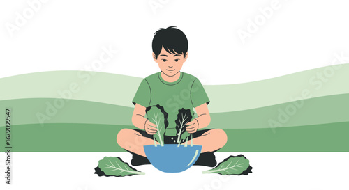 Young Person Prepares Fresh Salad With Lettuce Leaves Illustrating Healthy Eating Habits