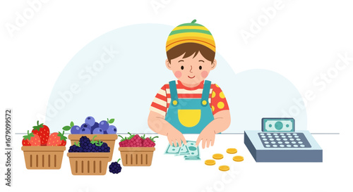 Young Fruit Seller Smiling And Counting Money Beside Fresh Berries And A Cash Register