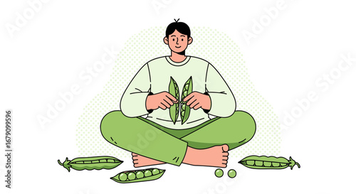 Young Person Preparing Fresh Peas In A Relaxing Position With Natural Elements