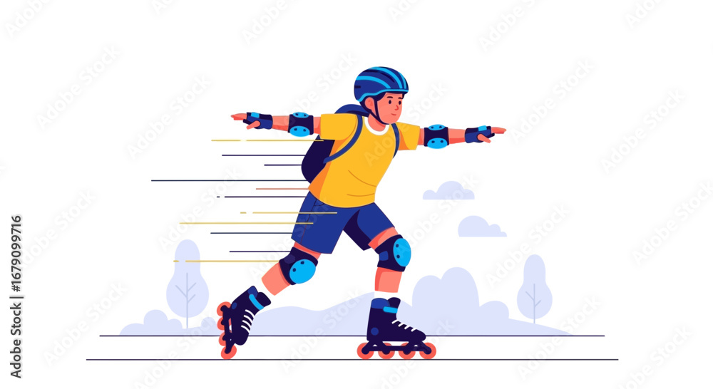Fototapeta premium Young person rollerblading in a flat illustration style with action lines for speed