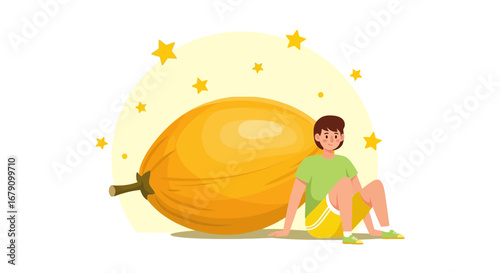 Young Person Resting Next To a Giant Fruit, Surrounded by Stars and Joyful Feelings