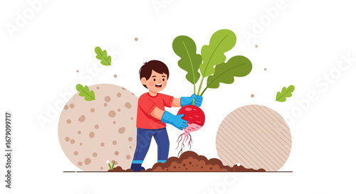 Young Gardener Celebrating Vegetable Harvest: Fresh Radish Celebration and Garden Joy