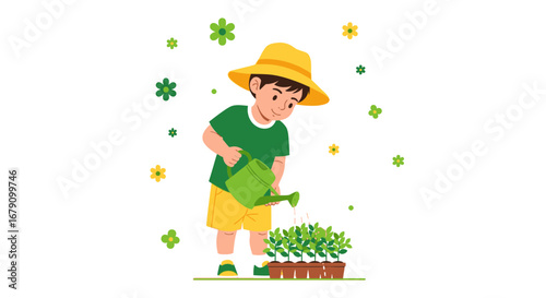 Young Gardener Cultivating Garden with Green Watering Can and Small Plants