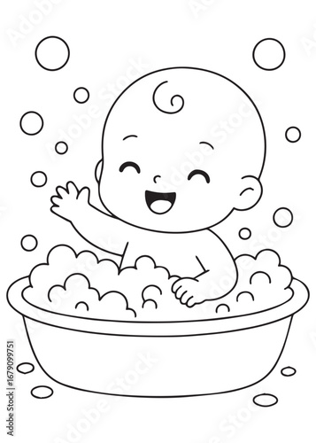 coloring book baby enjoying bubble bath in a tub