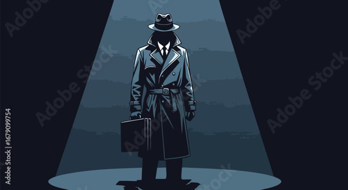 Mysterious figure shrouded in shadow, illuminated by a stark spotlight, embodies secrecy and intrigue in a dramatic visual narrative