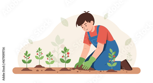 Young Gardener Cultivating Plants in the Soil with Protective Gloves on a Sunny Day