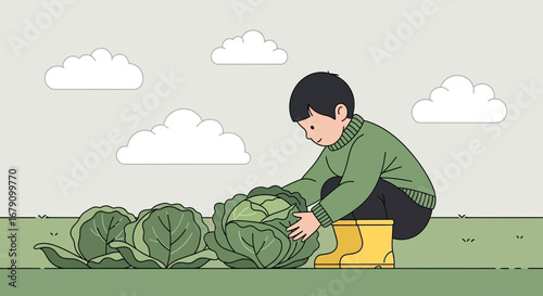Young Gardener Harvesting Big Cabbages in a Serene Field Under a Cloudy Sky