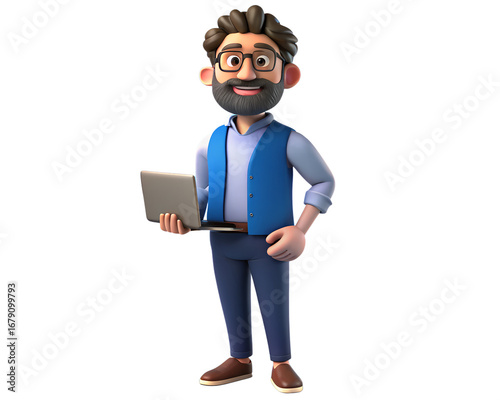 Illustration of bearded man with glasses holding a laptop isolated on transparent background