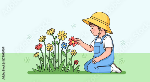 Young Gardener Gently Admiring Blooming Flowers In A Vibrant And Cheerful Garden Scene