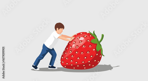 Young Person Struggles To Move Gigantic Strawberry Illustration On Pale Background