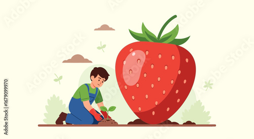 Young Gardener Nurturing Seedling Near Giant Strawberry Illustrating Gardening Concept