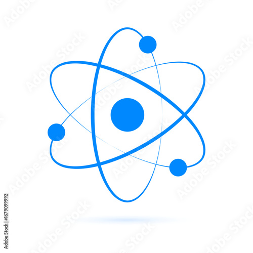 Atom icon. Quantum physics. Scientific logo isolated on white background. Medical symbol. Nuclear energy. Molecule structure. Fusion reactor. Proton core. Atomic power rings. Vector illustration