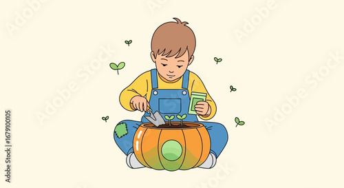Young Gardener Planting Seeds in a Pumpkin Shaped Pot, Cultivating Nature and Childhood
