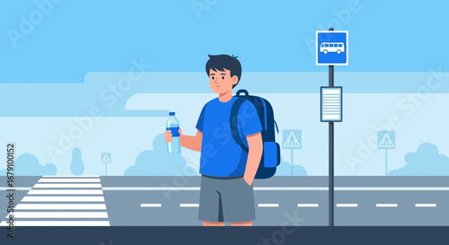 Young Person With Backpack Stands At Bus Stop Holding Bottle Of Water In The City