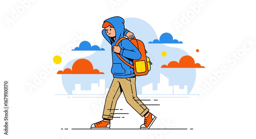 Young Person with Backpack Walking, Illustrated Concept, Conceptual City Background