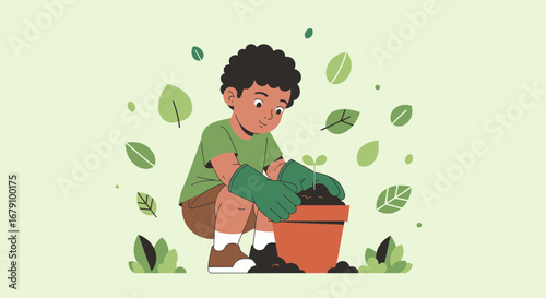 Young Gardener Skillfully plants Seedling and Embraces Natural World Harmony