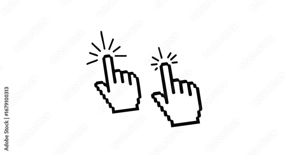 Fototapeta premium Pixelated hand cursor icons representing digital interaction and click action emphasizing user interface elements and website navigation design