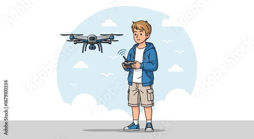 Young Pilot Operates Drone, Exploring Remote Control Technology and Capturing Arial Views