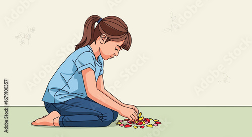 Young Girl Arranging Petals on the Floor, Capturing a Moment of Childhood Serenity Naturally