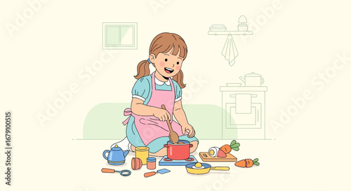 Young Girl Cooking And Having Fun In A Bright Kitchen Environment Illustration
