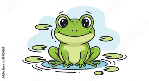 A Cheerful Cartoon Frog Sitting on a Pond Lily Pad Surrounded by Floating Leaves Depicting Serenity and Nature 88 characters