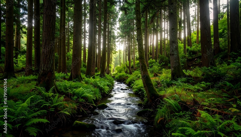 Obraz premium Sunlight streams through a dense forest, illuminating a tranquil creek