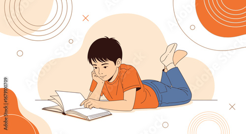 Young Reader Immersed In A Book, Illustrated In Smooth And Stylish Design