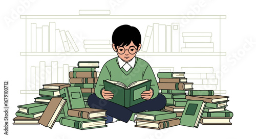 Young Reader Immersed Amongst Books, Enjoying the Tranquility of Knowledge and Study