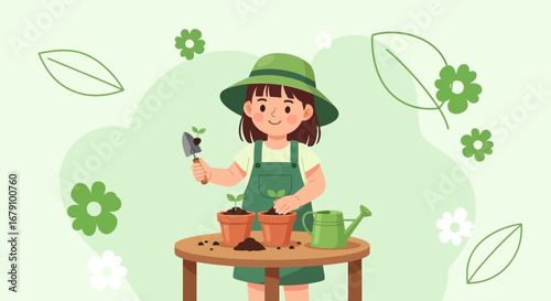 Young Girl Cultivating Plants In Pots, Gardening With A Green Hat, Happy And Smiling