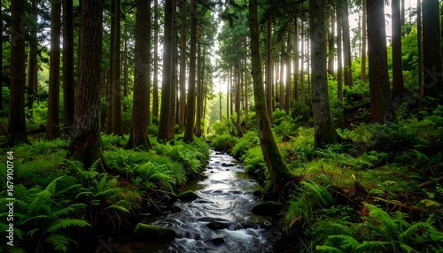 Sunlight streams through a dense forest, illuminating a tranquil creek