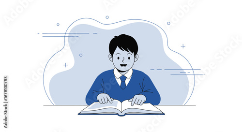 Young Reader Immersed in His Studies, Joyfully Exploring the Pages of a Book