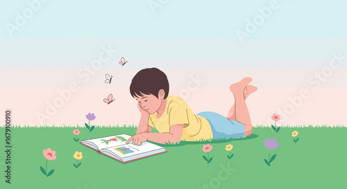 Young Reader Joyfully Immersed In A Peaceful Moment Of Outdoor Reading