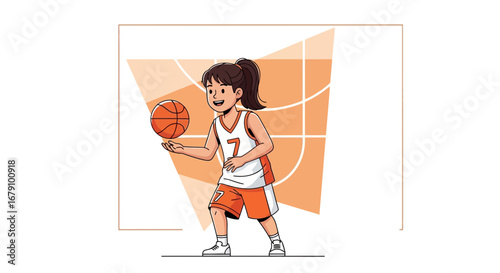 Young girl dribbling a basketball in a court setting, illustration of sports