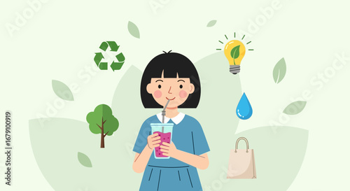 Young Girl Embraces Sustainable Living, Drinking Fresh Juice While Supporting Eco-Conscious