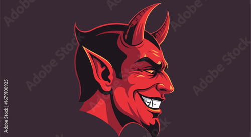 Illustration of a smirking devil with horns and pointed ears on a dark background