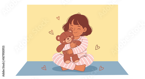 Young Girl Embracing Teddy Bear, Happy Moment and Feeling Pure Affection Forever