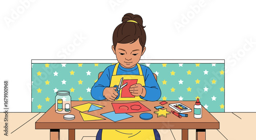 Young Girl Engaged In Arts And Crafts Activity At A Table Making Creative Shapes Illustration