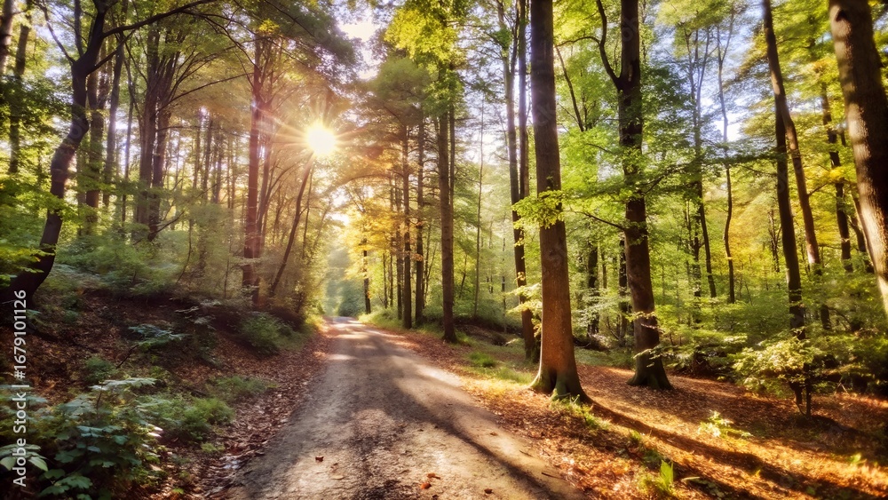 Obraz premium Winding Forest Trail Surrounded by Tall Trees, Sunlight Filtering Through the Canopy