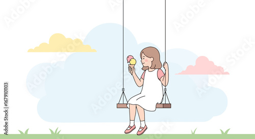 Young Girl Enjoys Ice Cream While Swinging Outdoors Against a Summer Sky Scene