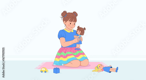 Young Girl Engaging In Imaginative Playtime With Dolls And Toys On A Play Mat