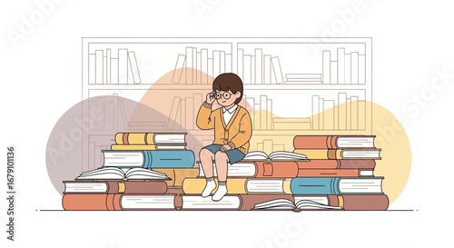 Young Scholar Contemplating Knowledge Surrounded by Books in a Well-Stocked Library