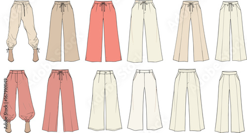 Women’s wide leg pants collection, elastic waist, casual and comfortable, drawstring and button details, loose fit styles, various colors, fashion vector sketches, front and back views