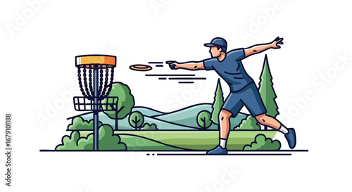 A vibrant illustration of a disc golfer aiming for the basket in a picturesque outdoor setting demonstrating precision and technique in a