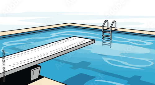 Inviting swimming pool scene featuring a diving board and ladder for summertime fun and aquatic recreation or stylized resort illustration