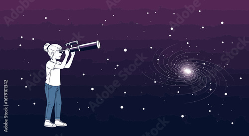 Young Scientist Explores Cosmos Using Telescope Viewing Spiraling Galactic Formation